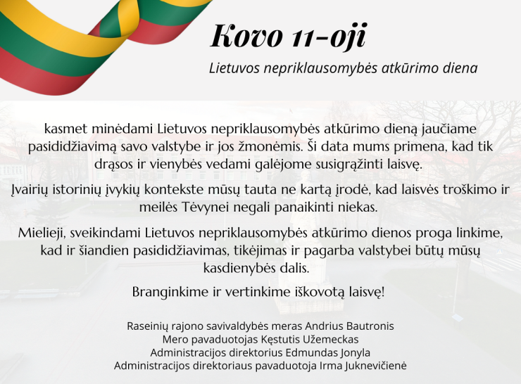 Sveikinimas Lietuvos Nepriklausomybės atkūrimo dienos proga 